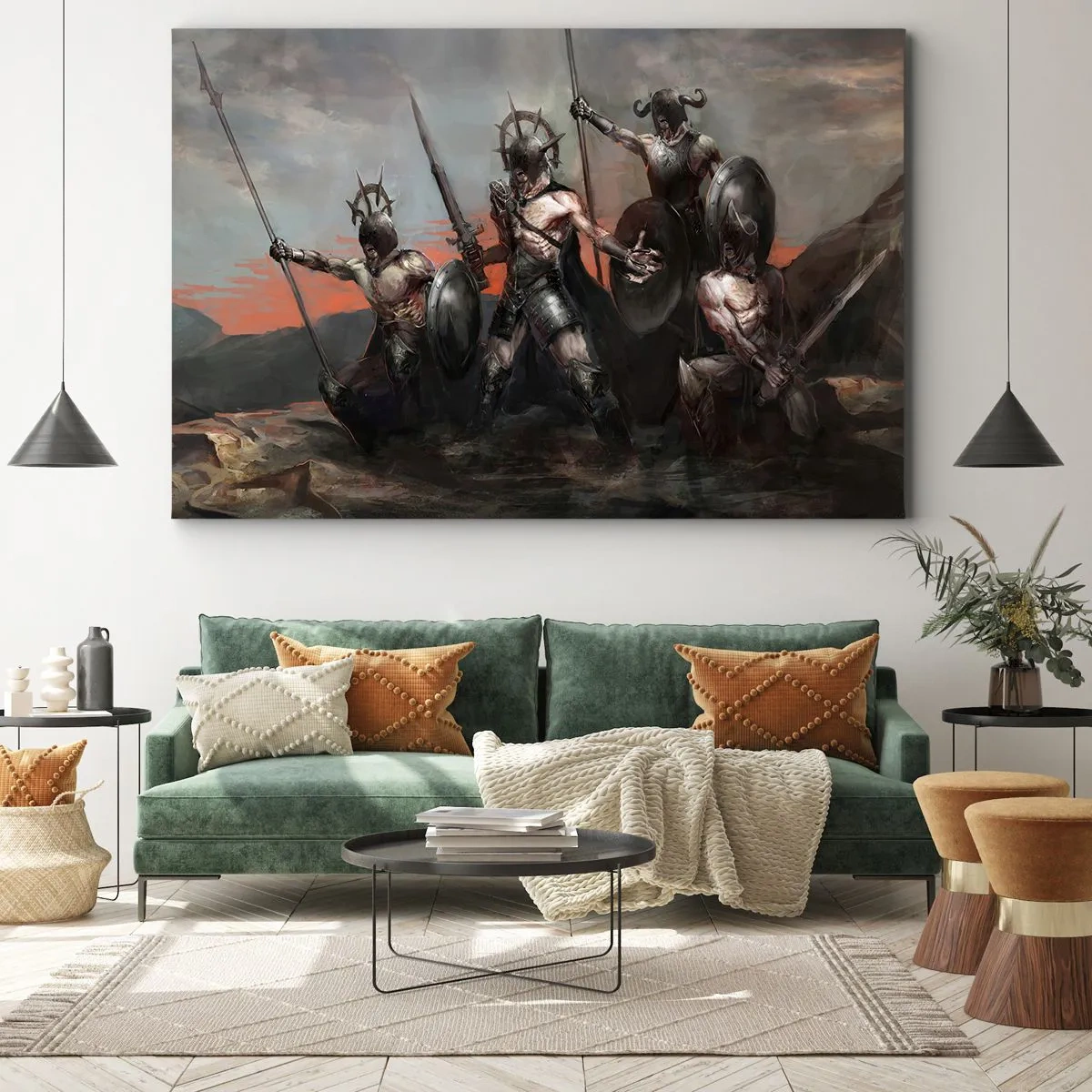 Canvastavla - Bild på duk - En grupp krigare i rustning med spjut mot bakgrund av solnedgången - 70x50cm - Med eller på skölden - Modern väggdekoration för vardagsrum och sovrum ARTTOR