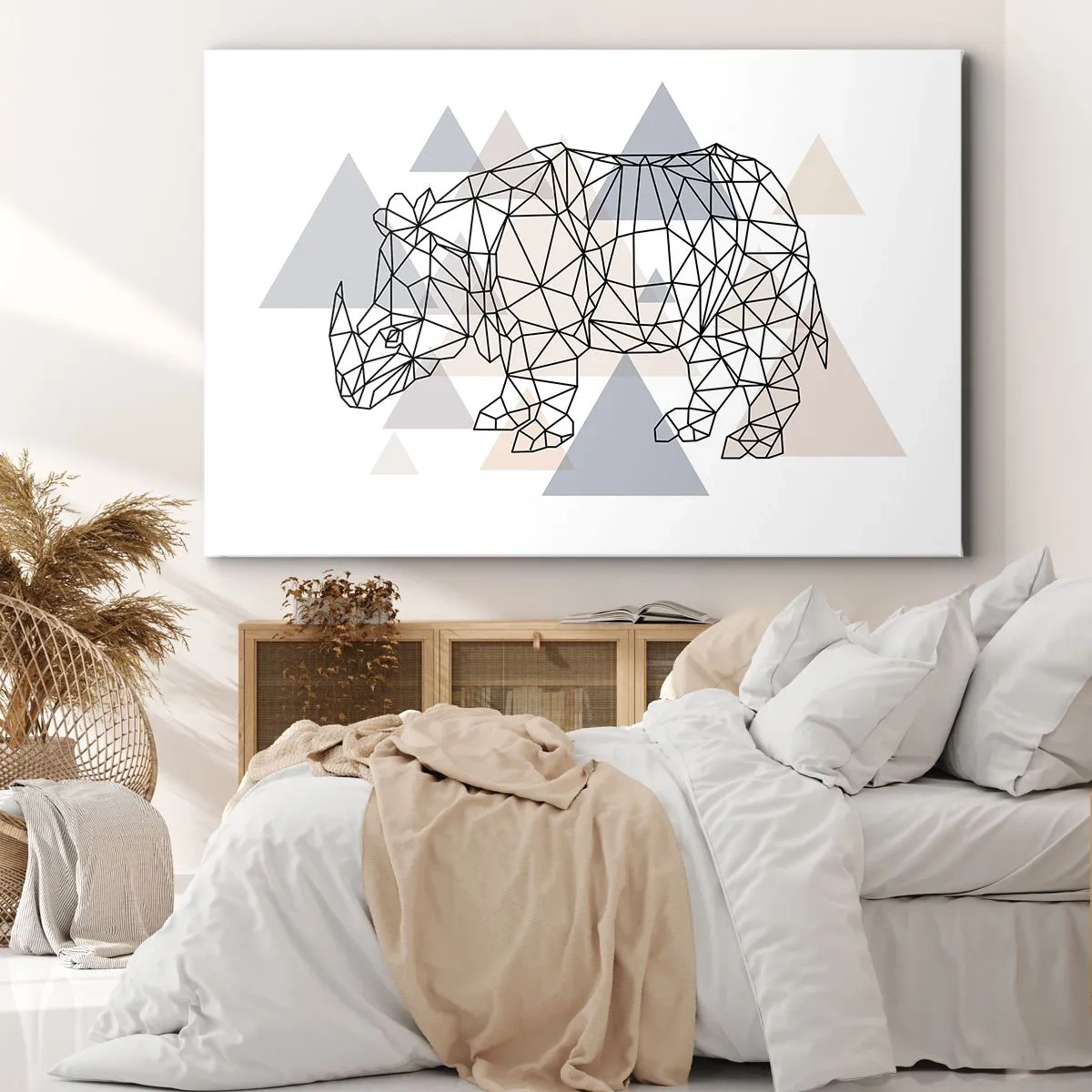Canvastavla - Bild på duk - Geometrisk noshörning på en bakgrund av fina trianglar - 70x50cm - Kraftens struktur - Modern väggdekoration för vardagsrum och sovrum ARTTOR