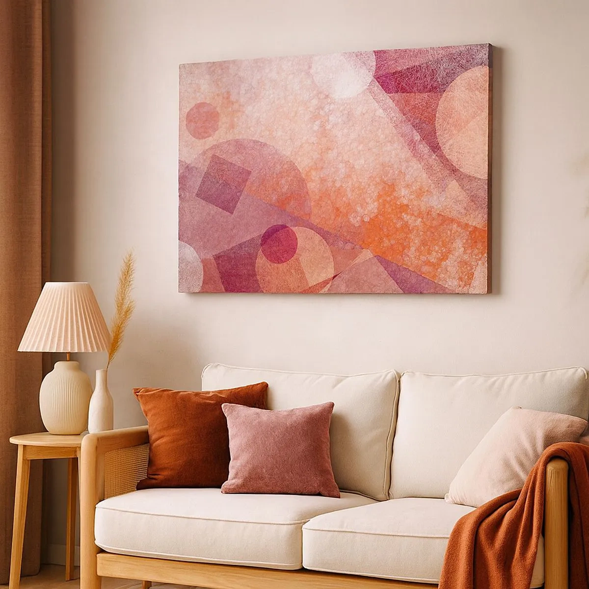 Canvastavla - Bild på duk - Abstrakta geometriska former i pastellfärgade rosa nyanser - 70x50cm - Geometriska omvandlingar i rosa - Modern väggdekoration för vardagsrum och sovrum ARTTOR