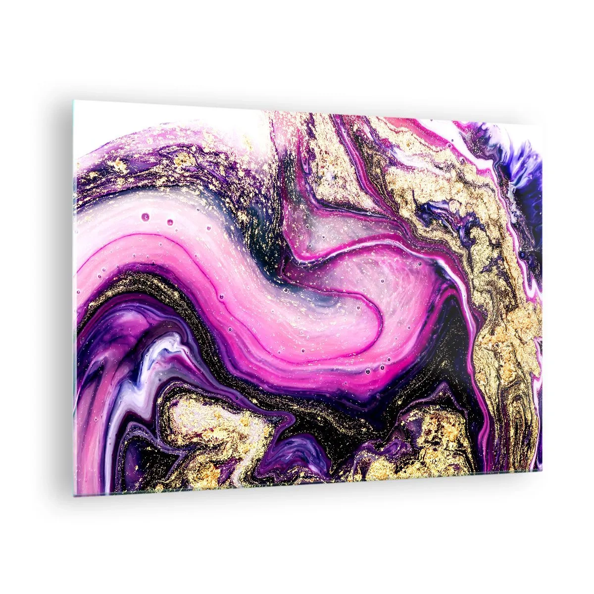 Glastavla - Bild på glas - En abstrakt komposition i nyanser av lila och guld. - 70x50cm - En stund bakom kulisserna - Modern väggdekoration för vardagsrum och sovrum ARTTOR