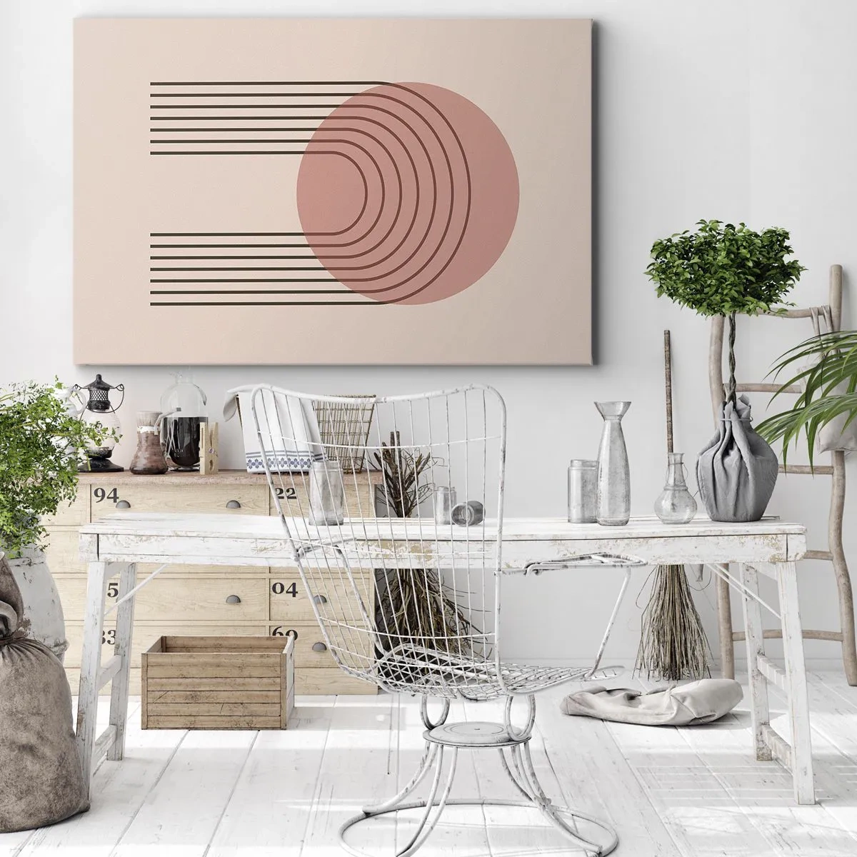 Canvastavla - Bild på duk - Abstrakt motiv med rosa cirkel och linjer - 70x50cm - Ostoppad attraktionskraft - Modern väggdekoration för vardagsrum och sovrum ARTTOR