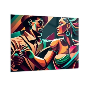 Glastavla - Bild på glas - Ett färgstarkt par som dansar i art déco-stil med dynamiskt uttryck. - 70x50cm - I hjärtats rytm - Modern väggdekoration för vardagsrum och sovrum ARTTOR