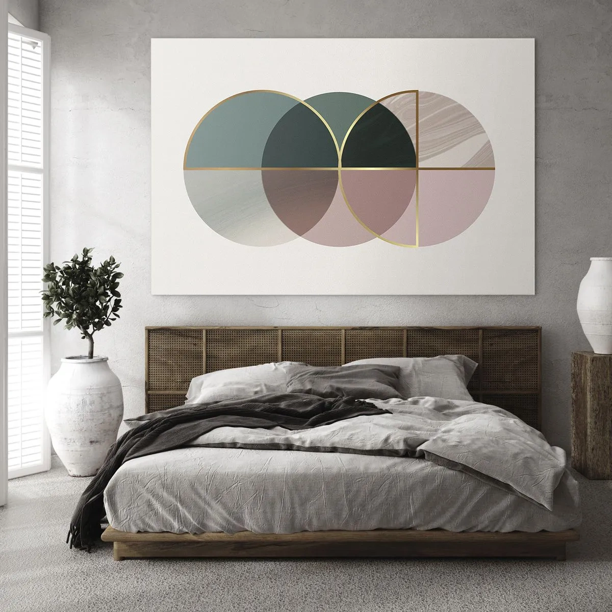 Glastavla - Bild på glas - Geometriska former med nyanser av grönt och rosa mot en ljus bakgrund - 70x50cm - Hjul efter hjul... - Modern väggdekoration för vardagsrum och sovrum ARTTOR