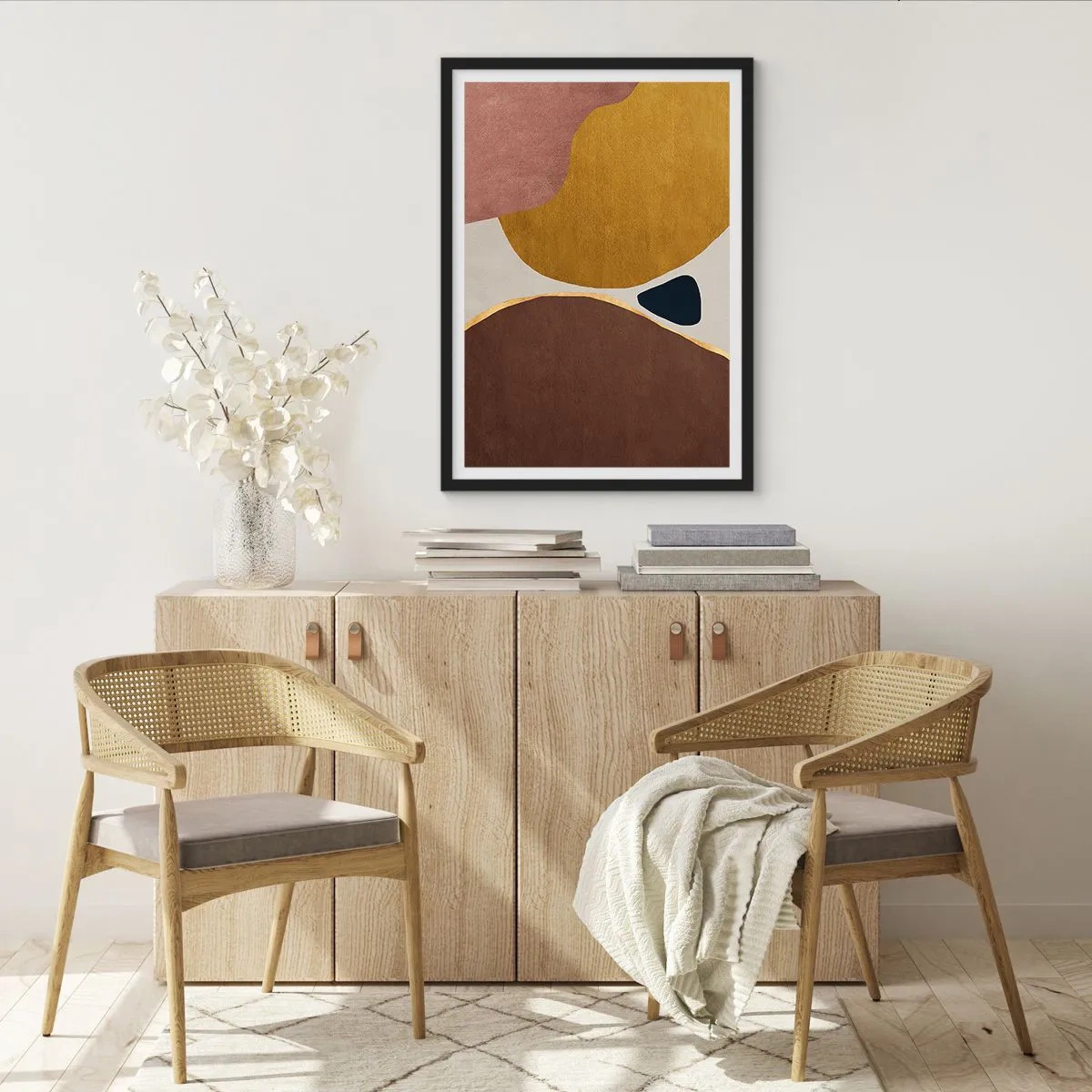 Affisch i svart ram - Abstrakt geometrisk komposition i varma färger - 50x70cm - Abstraktion - en plats i rymden - Modern väggdekoration för vardagsrum och sovrum ARTTOR