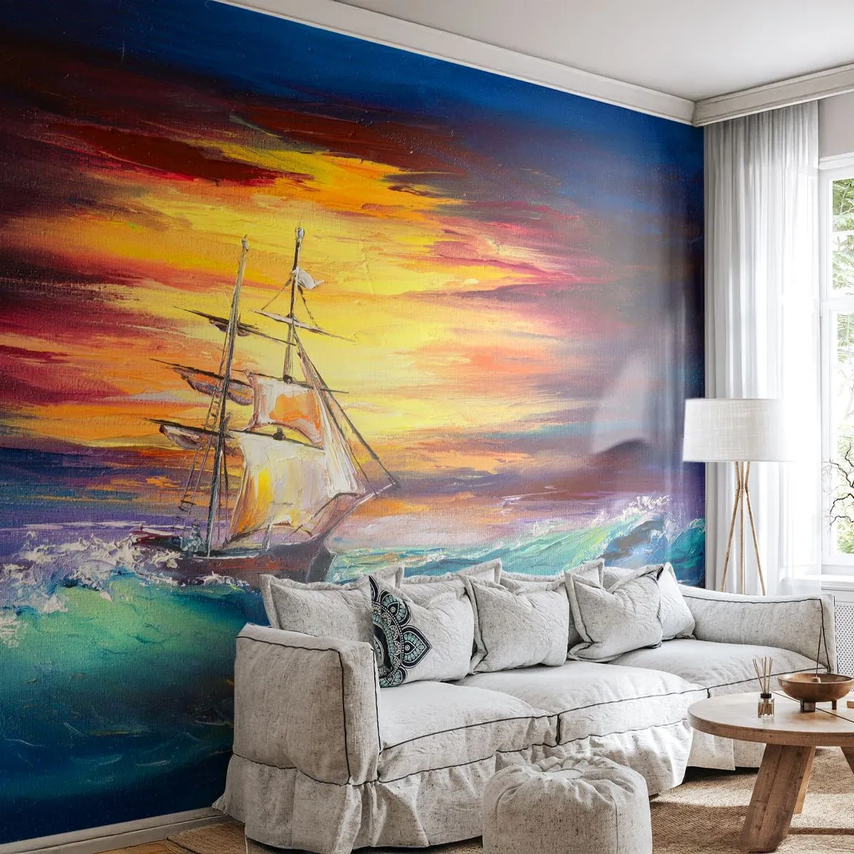 Självhäftande Fototapet Deluxe Sticker - Modigt mot vågorna - Segelbåt, Hav, Storm - 250x175 cm