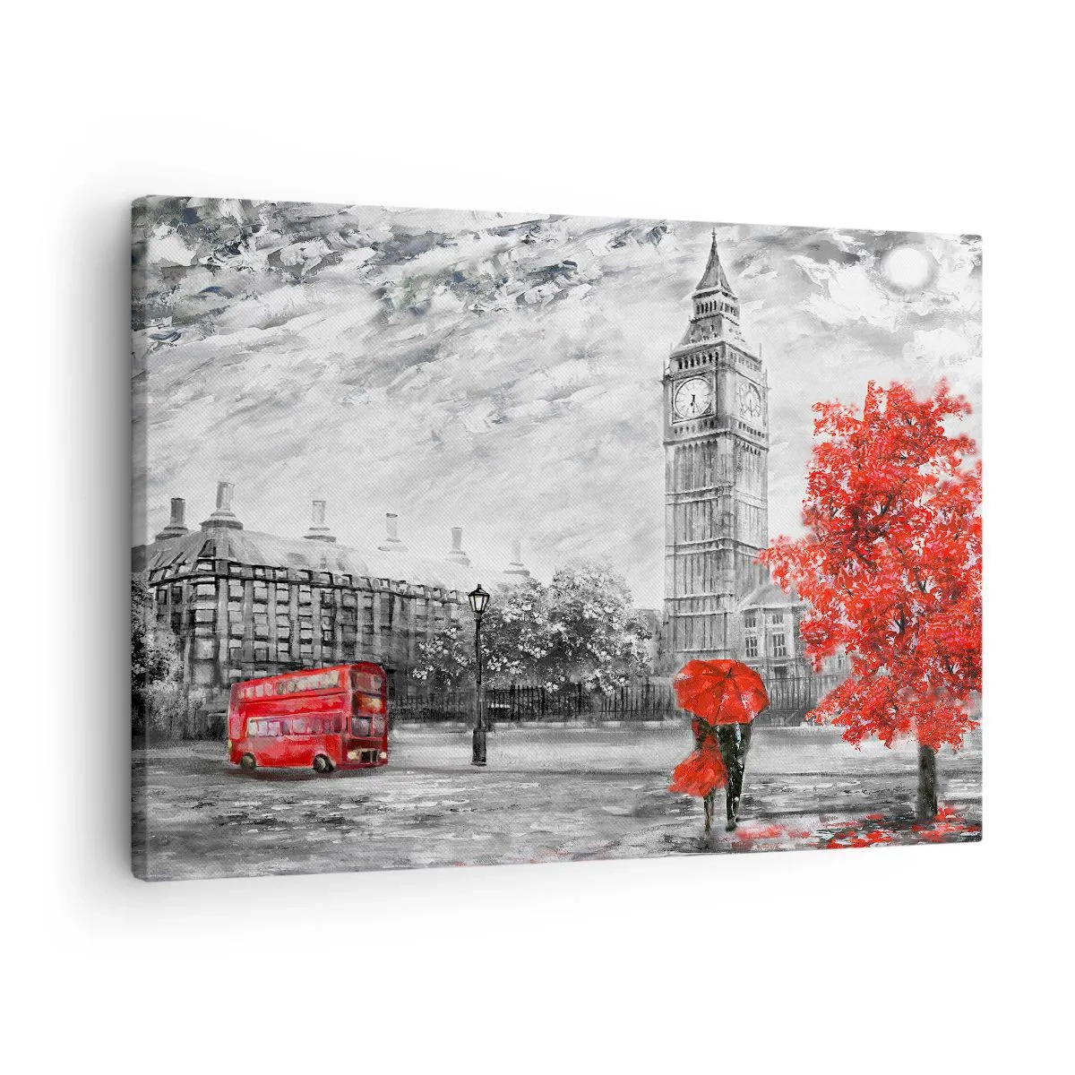 Canvastavla - Bild på duk - Ikonisk vy över London med Big Ben, en röd buss och ett paraply - 70x50cm - Spännande dag - Modern väggdekoration för vardagsrum och sovrum ARTTOR