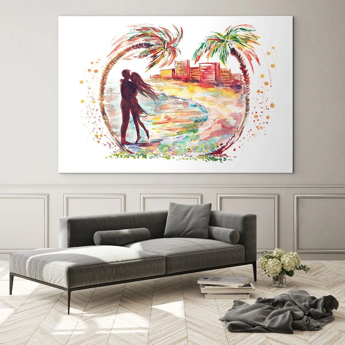 Glastavla - Bild på glas - Romantiskt par i en tropisk miljö med palmer - 70x50cm - Romantisk sommarsemester - Modern väggdekoration för vardagsrum och sovrum ARTTOR