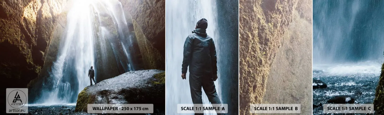 Provbit av självhäftande fototapet Deluxe Sticker - Proportioner återställs - Vattenfall, Stenar, Grotta - 100x30 cm