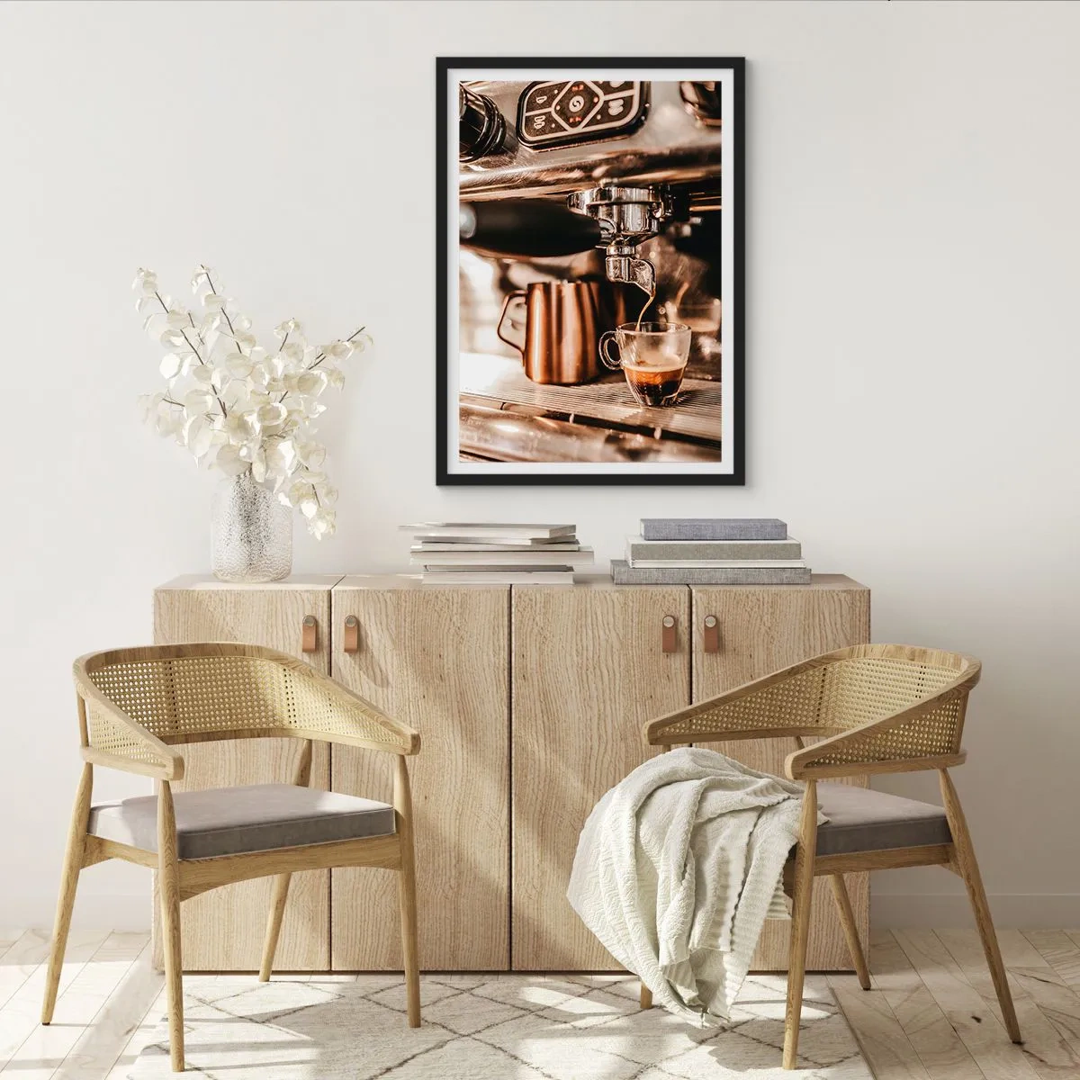Affisch i svart ram - Aromatisk espresso från espressomaskinen - 50x70cm - Kaffets glans - Modern väggdekoration för vardagsrum och sovrum ARTTOR