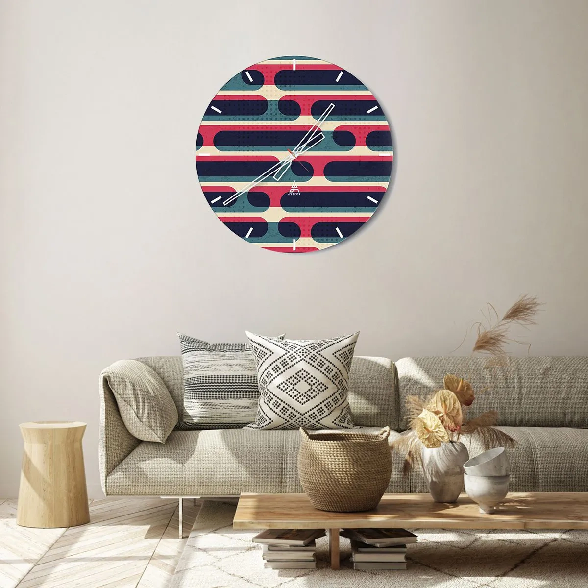 Väggklocka - Klocka på glas - Abstrakt retromönster med färgglada ränder - 30x30cm - In och framåt - Modern väggdekoration för vardagsrum, kök och sovrum ARTTOR