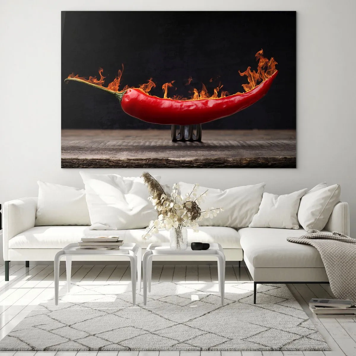 Glastavla - Bild på glas - Brinnande röd chilipeppar på en svart bakgrund - 70x50cm - Helvetiskt tilltugg - Modern väggdekoration för vardagsrum och sovrum ARTTOR