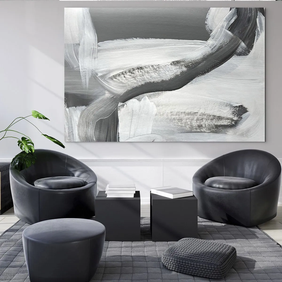 Glastavla - Bild på glas - Svartvit abstraktion med dynamiska penseldrag. - 70x50cm - Med bestämd rörelse - Modern väggdekoration för vardagsrum och sovrum ARTTOR