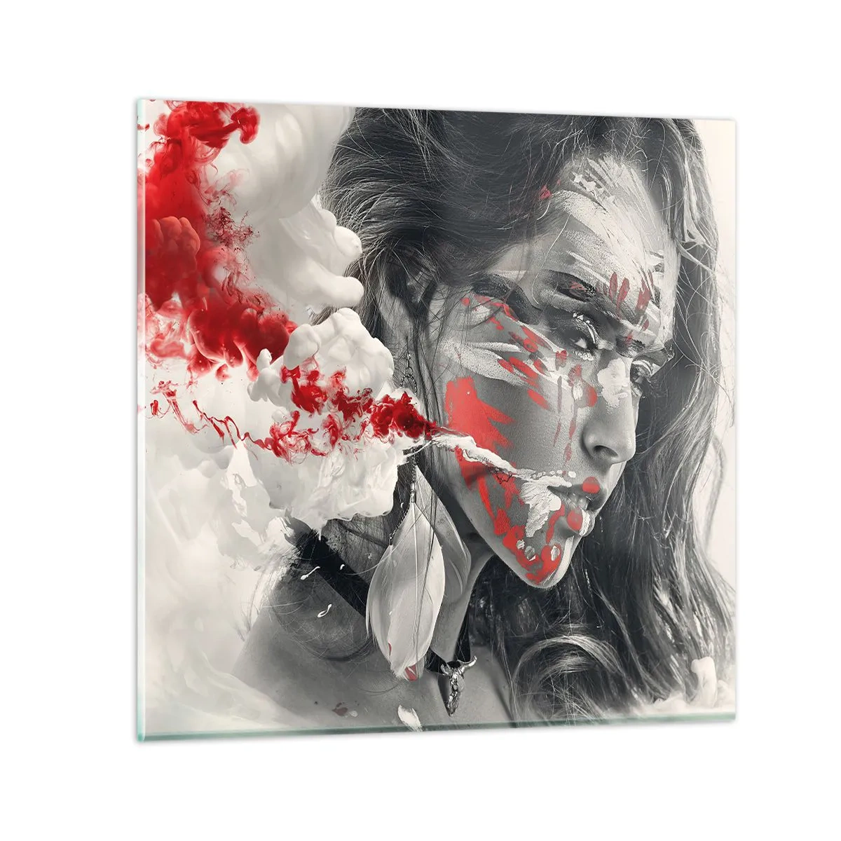 Glastavla - Bild på glas - Röd-vit absurdhet - 60x60 cm