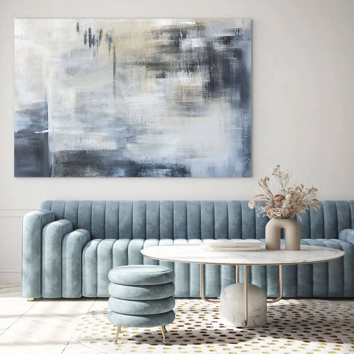 Glastavla - Bild på glas - Abstrakt komposition i nyanser av blått och grått - 70x50cm - Bakom en blå slöja - Modern väggdekoration för vardagsrum och sovrum ARTTOR