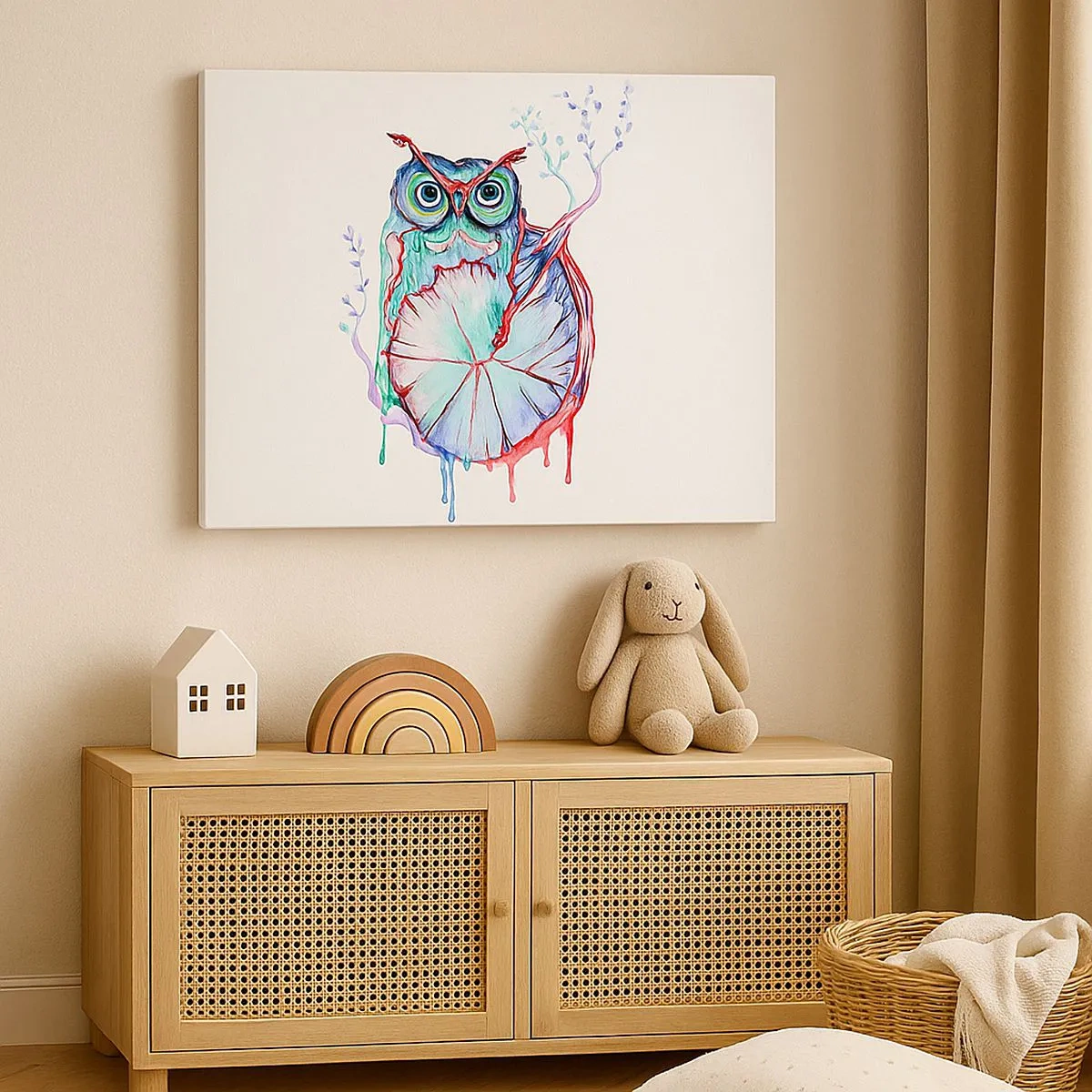 Canvastavla - Bild på duk - Färgglad akvarelluggla i konstnärlig stil - 70x50cm - Klok ur naturen - Modern väggdekoration för vardagsrum och sovrum ARTTOR