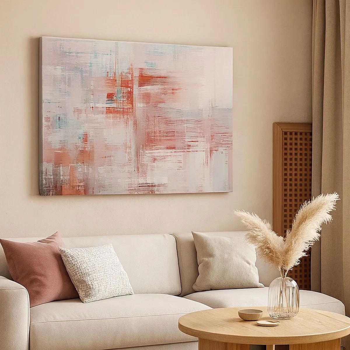 Canvastavla - Bild på duk - En abstrakt komposition med nyanser av rött och pastellfärger. - 70x50cm - Dimmigt. Rosa - Modern väggdekoration för vardagsrum och sovrum ARTTOR