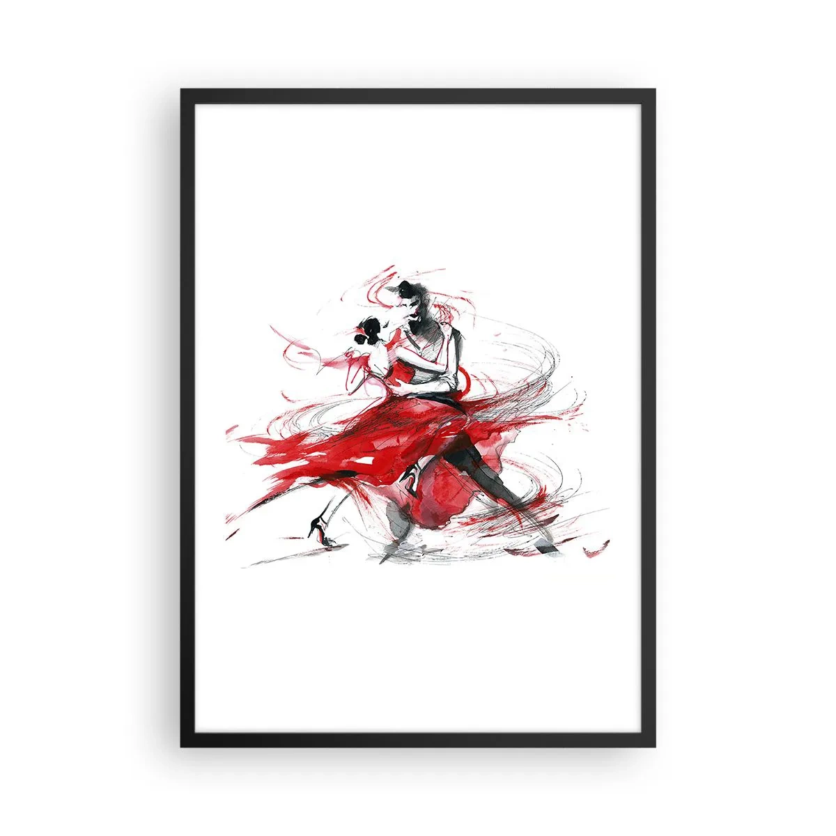 Affisch i svart ram - Ett par som dansar tango med dynamiska röda accenter - 50x70cm - Tango - passionens rytm - Modern väggdekoration för vardagsrum och sovrum ARTTOR