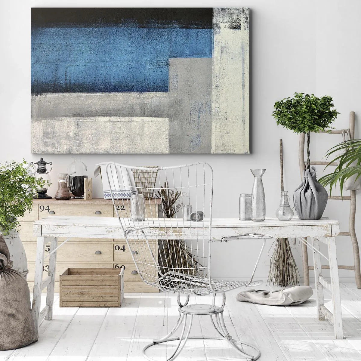 Canvastavla - Bild på duk - En abstrakt komposition med nyanser av blått, grått och vitt. - 70x50cm - Poetisk komposition av grått och blått - Modern väggdekoration för vardagsrum och sovrum ARTTOR