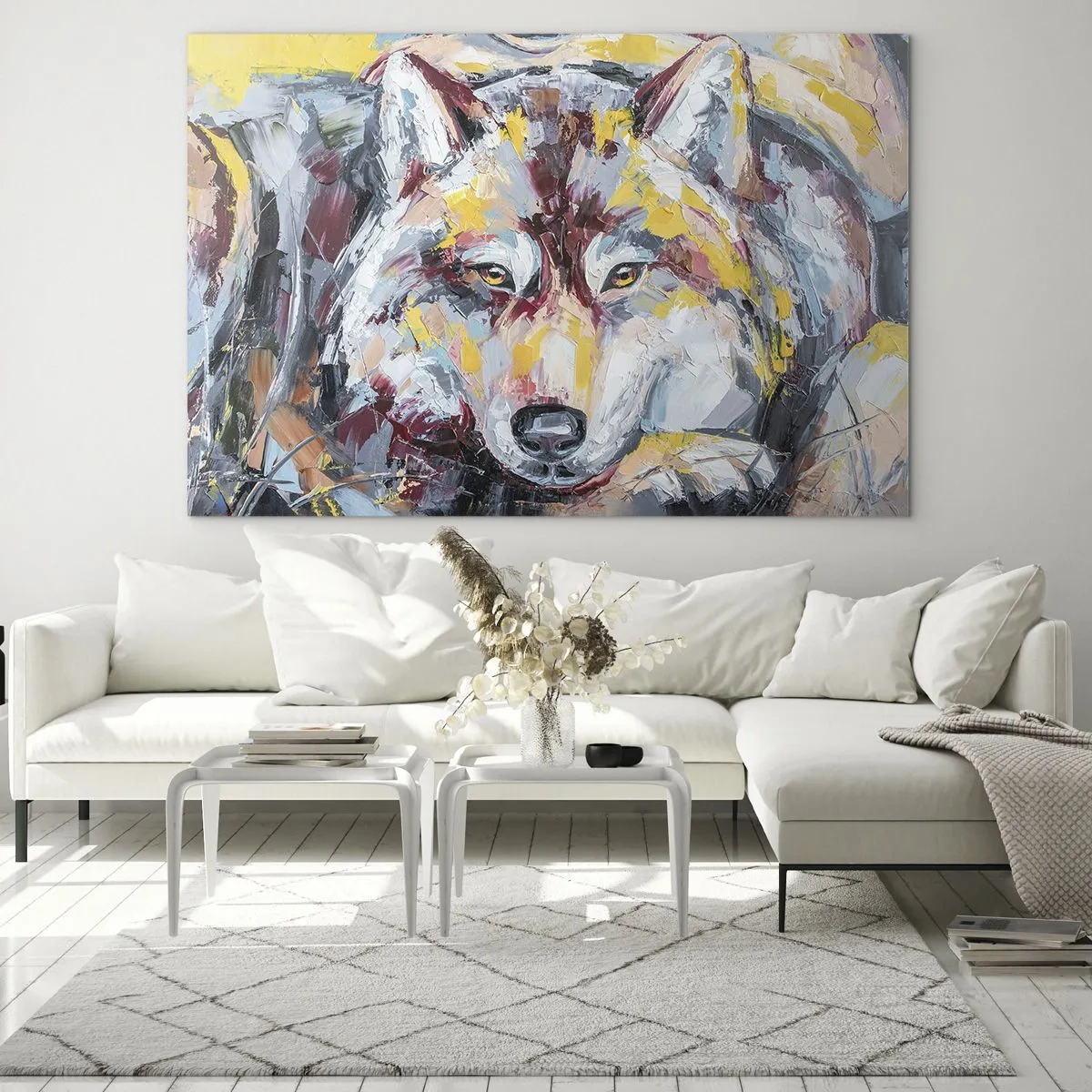 Glastavla - Bild på glas - Färgglatt porträtt av en varg i expressionistisk stil - 70x50cm - Lugnt bland de närmsta - Modern väggdekoration för vardagsrum och sovrum ARTTOR