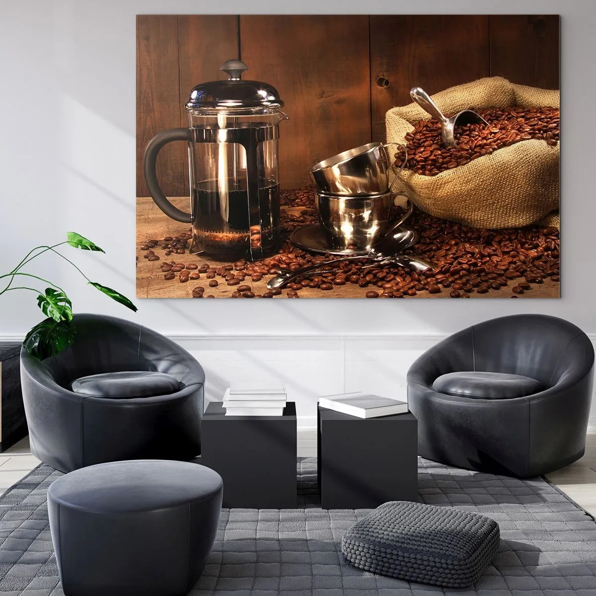 Glastavla - Bild på glas - Kaffebryggare, koppar och en påse kaffebönor - 70x50cm - Kaffets charm - arom och smak - Modern väggdekoration för vardagsrum och sovrum ARTTOR