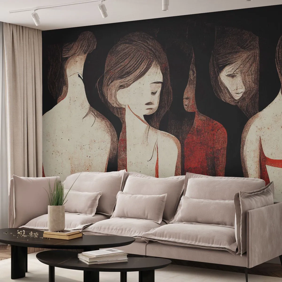 Fototapet Standard Eco - Kvinnliga figurer i en uttrycksfull grafisk komposition - 100x70cm - Madonnor av mörker - Modern väggdekoration för vardagsrum och sovrum ARTTOR