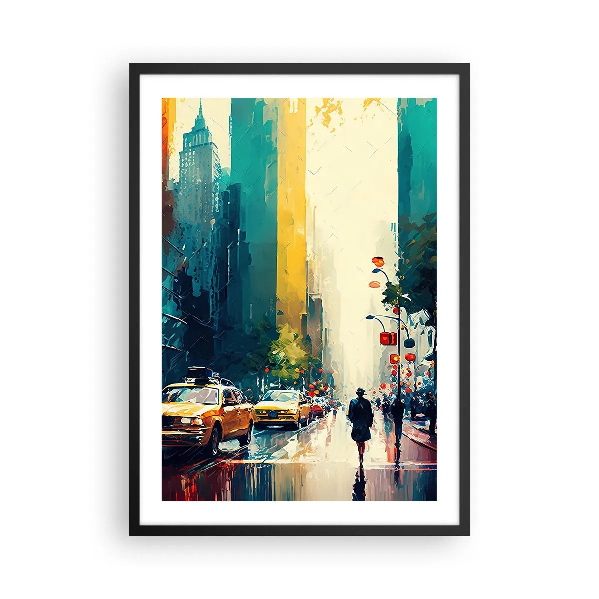 Affisch i svart ram - En färgglad gata i en storstad med gula taxibilar - 50x70cm - New York - här är till och med regnet färgstarkt - Modern väggdekoration för vardagsrum och sovrum ARTTOR