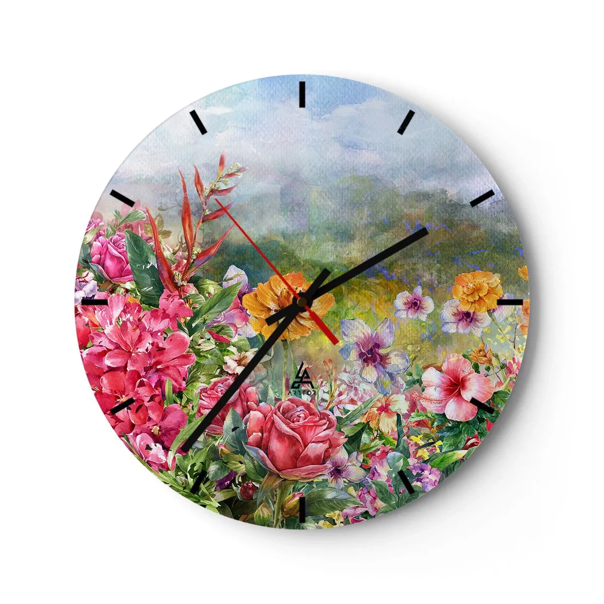 Väggklocka - Klocka på glas - En färgglad trädgård full av blommor mot bakgrund av ett landskap - 30x30cm - En trädgård som blivit galen - Modern väggdekoration för vardagsrum, kök och sovrum ARTTOR