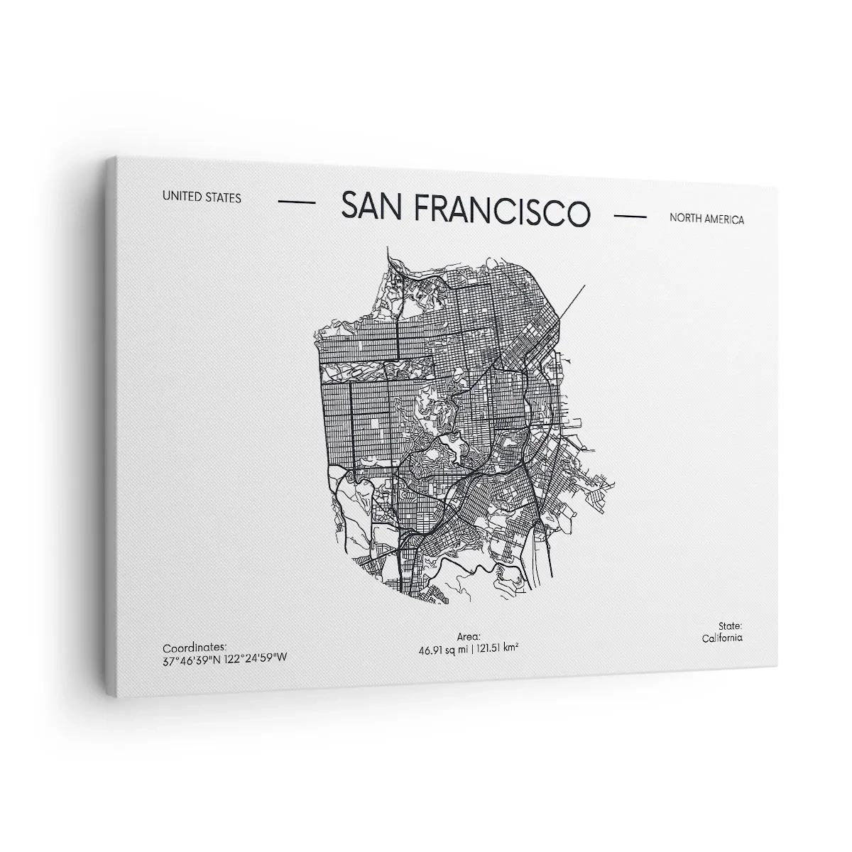 Canvastavla - Bild på duk - En karta över San Francisco i svartvit minimalistisk stil. - 70x50cm - San Franciscos anatomi - Modern väggdekoration för vardagsrum och sovrum ARTTOR