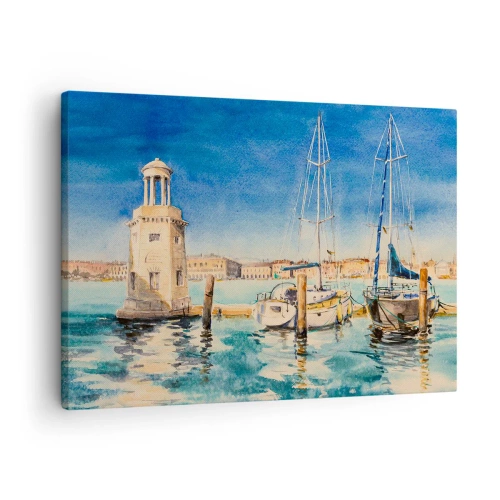 Canvastavla - Bild på duk - Marina med båtar mot bakgrund av en blå lagun - 70x50cm - Solig lagun - Modern väggdekoration för vardagsrum och sovrum ARTTOR