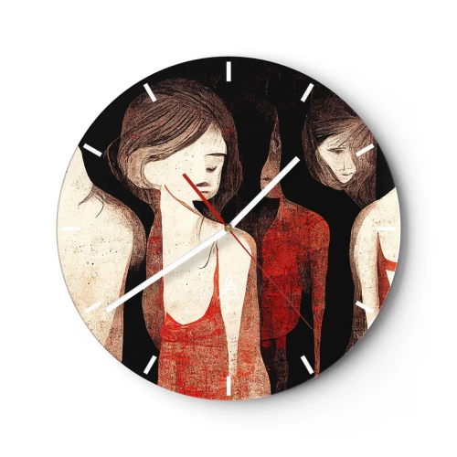 Väggklocka - Klocka på glas - Figurer av kvinnor i rött mot mörk bakgrund - 30x30cm - Madonnor av mörker - Modern väggdekoration för vardagsrum, kök och sovrum ARTTOR