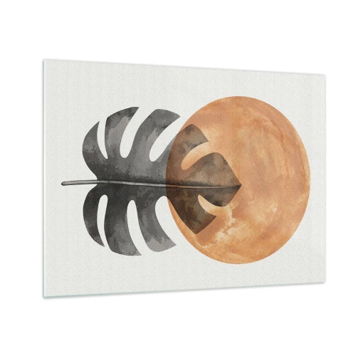 Glastavla - Bild på glas - Monsterablad och orange cirkel i grafisk stil på vit bakgrund. - 70x50cm - Alltid solen - Modern väggdekoration för vardagsrum och sovrum ARTTOR