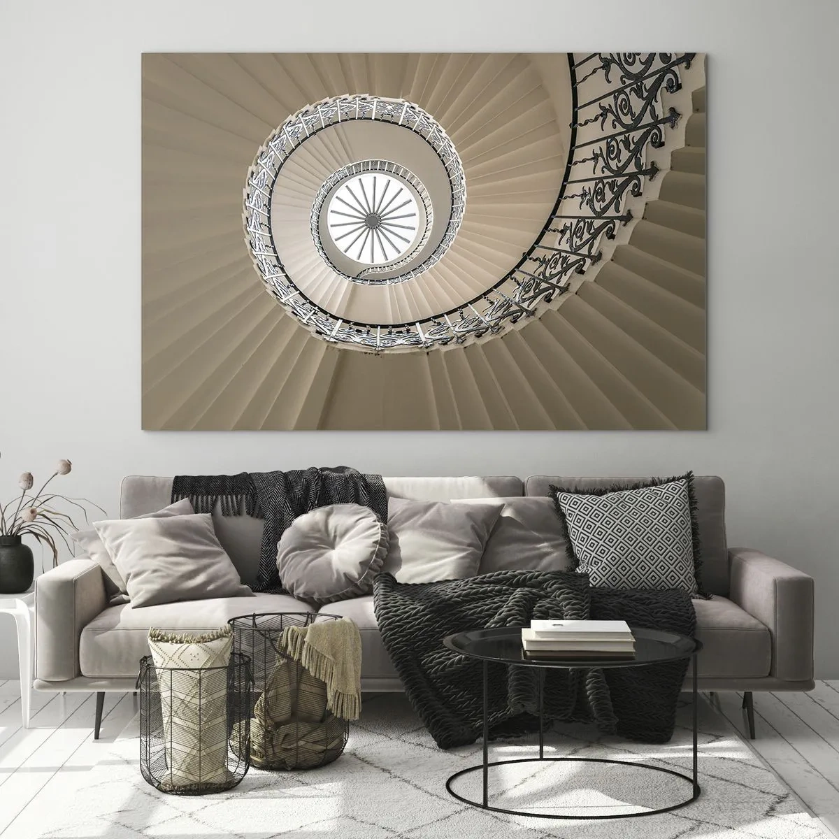 Glastavla - Bild på glas - En vy uppför en spiraltrappa som liknar ett snäckskal - 70x50cm - I musslans mitt - Modern väggdekoration för vardagsrum och sovrum ARTTOR