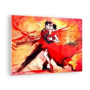 Glastavla - Bild på glas - Ett par som dansar i en dynamisk röd komposition - 70x50cm - Passionens lila rytm - Modern väggdekoration för vardagsrum och sovrum ARTTOR