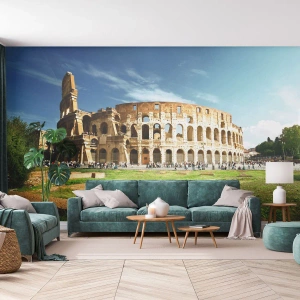 Fototapet Premium Sand - Vapnets klang hörs fortfarande - Colosseum, Rom, Arkitektur - 150x105 cm