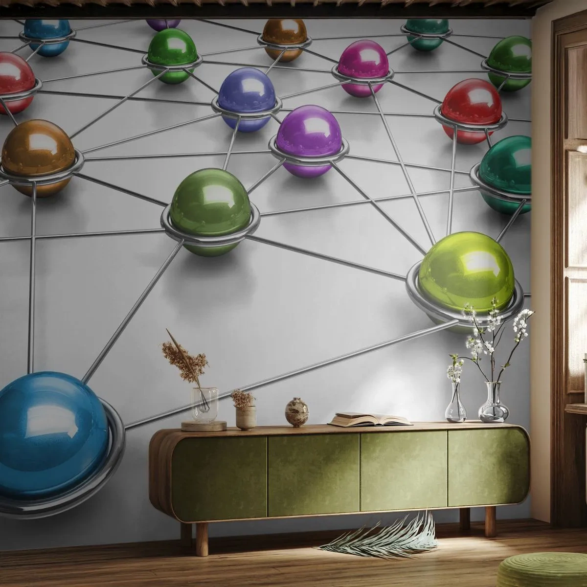 Fototapet Premium Sand - Rymdens spindelnät - Abstraktion, Metallkulor, 3D - 350x256 cm