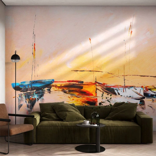 Fototapet Premium Sand - En kväll i hamnen - Båtar, Segelbåtar, Bit - 200x140 cm