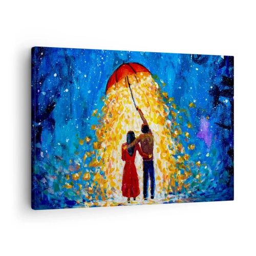 Canvastavla - Bild på duk - Ett par under ett rött paraply i det lysande regnet - 70x50cm - Magi på en regnig kväll? - Modern väggdekoration för vardagsrum och sovrum ARTTOR