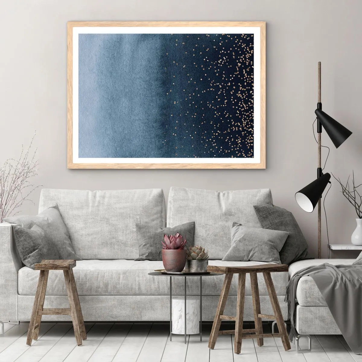 Affisch i ram av ljusek - Komposition – blåa faser - 100x70 cm