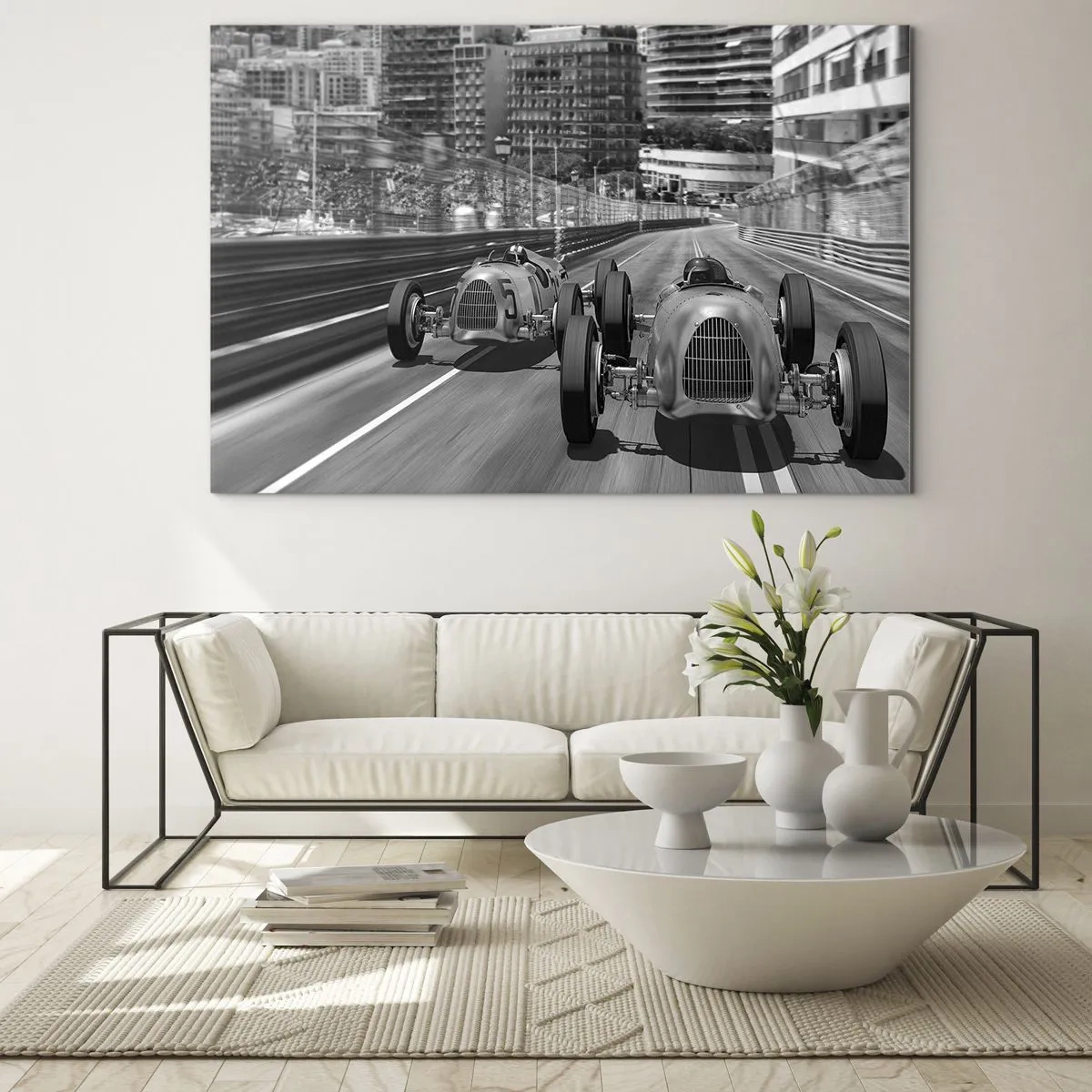 Glastavla - Bild på glas - Historisk biltävling i svartvitt - 70x50cm - För länge sedan i Monte Carlo - Modern väggdekoration för vardagsrum och sovrum ARTTOR