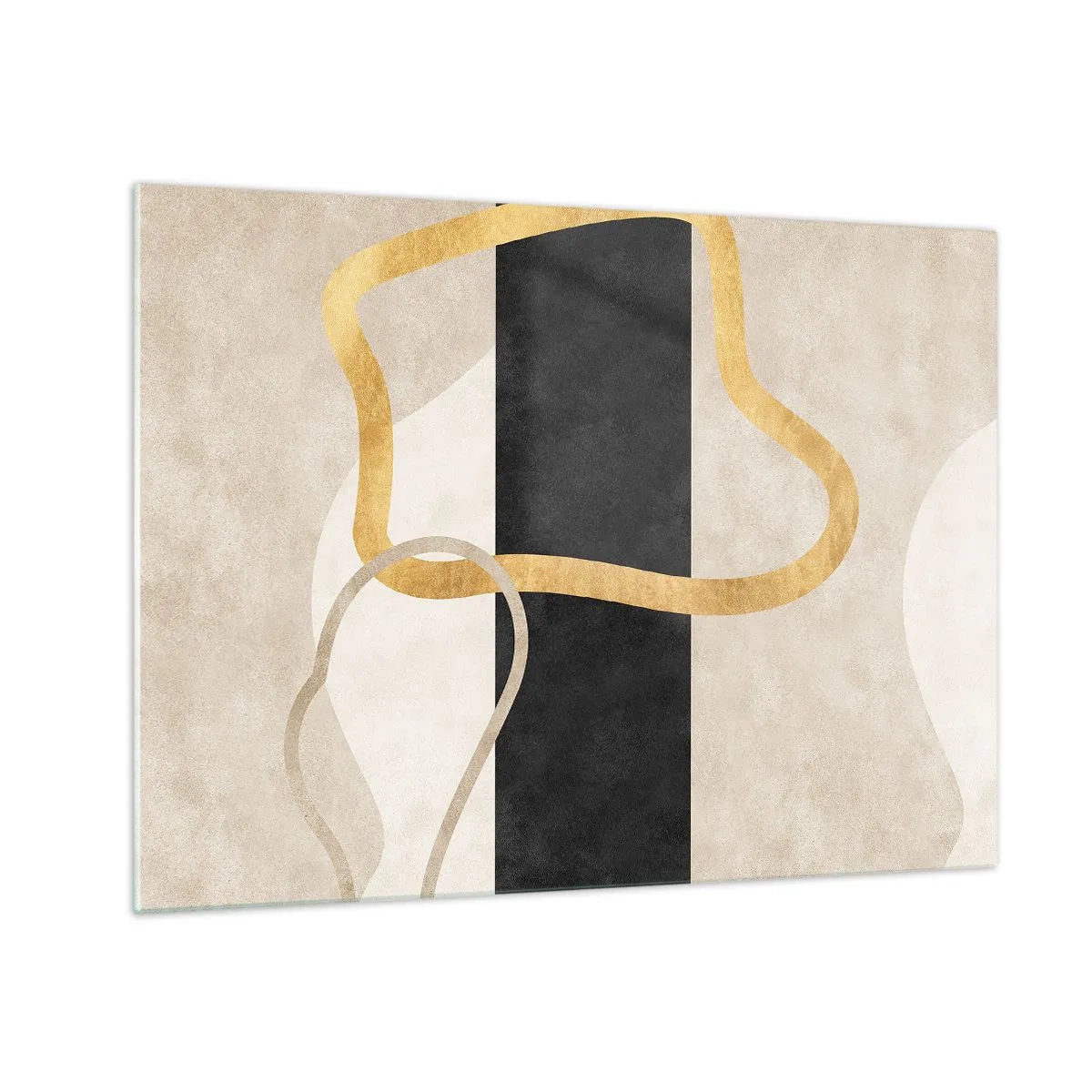 Glastavla - Bild på glas - Guld- och beige linjer som bildar slingor mot en svartrandig bakgrund. - 70x50cm - Slingrande former - Modern väggdekoration för vardagsrum och sovrum ARTTOR
