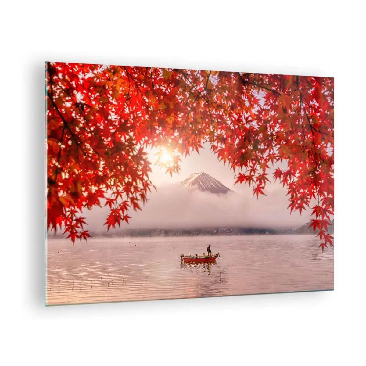 Glastavla - Bild på glas - Mount Fuji med en båt på en sjö omgiven av röda löv - 70x50cm - I japansk stämning - Modern väggdekoration för vardagsrum och sovrum ARTTOR