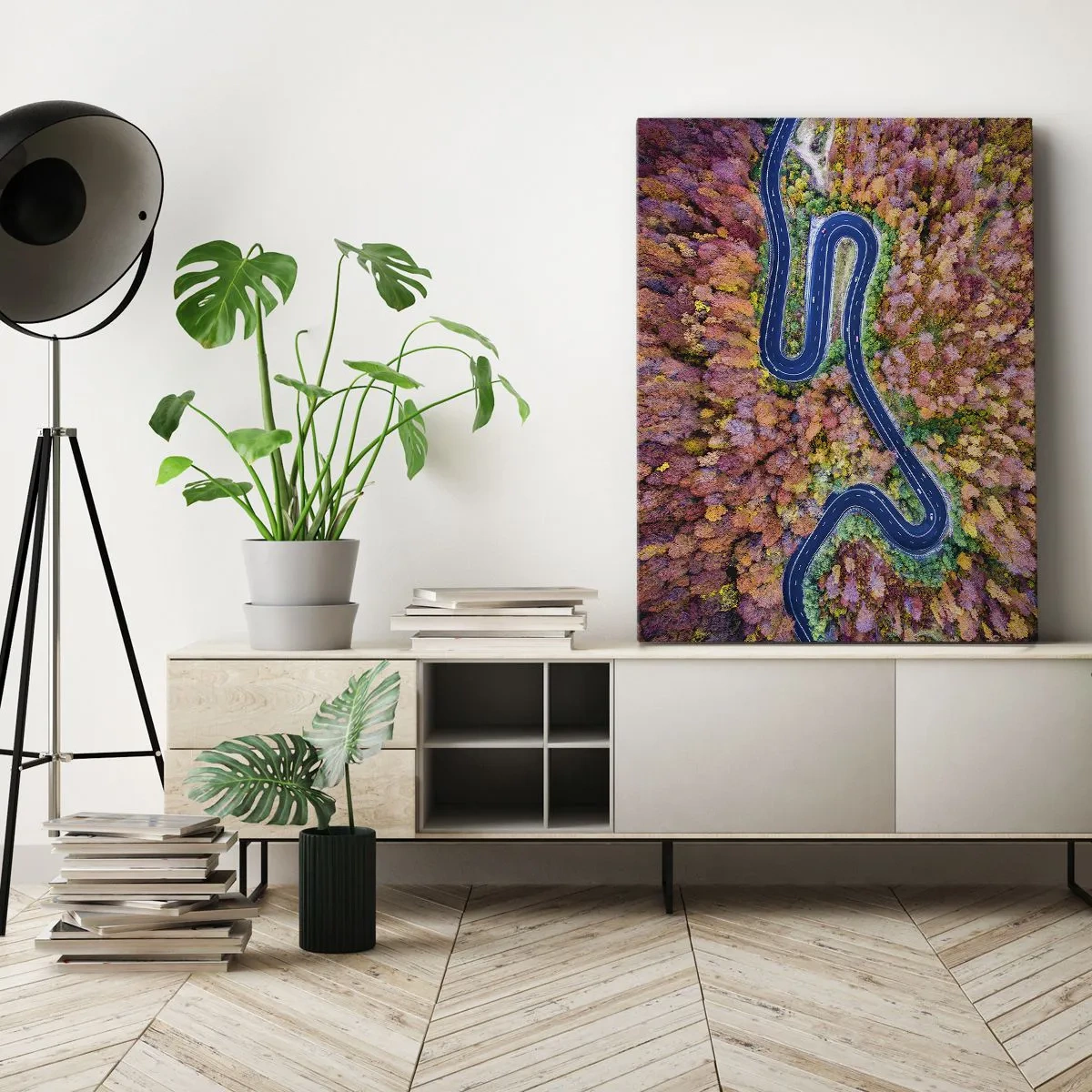 Canvastavla - Bild på duk - Slingrande väg genom skogen - 55x100 cm