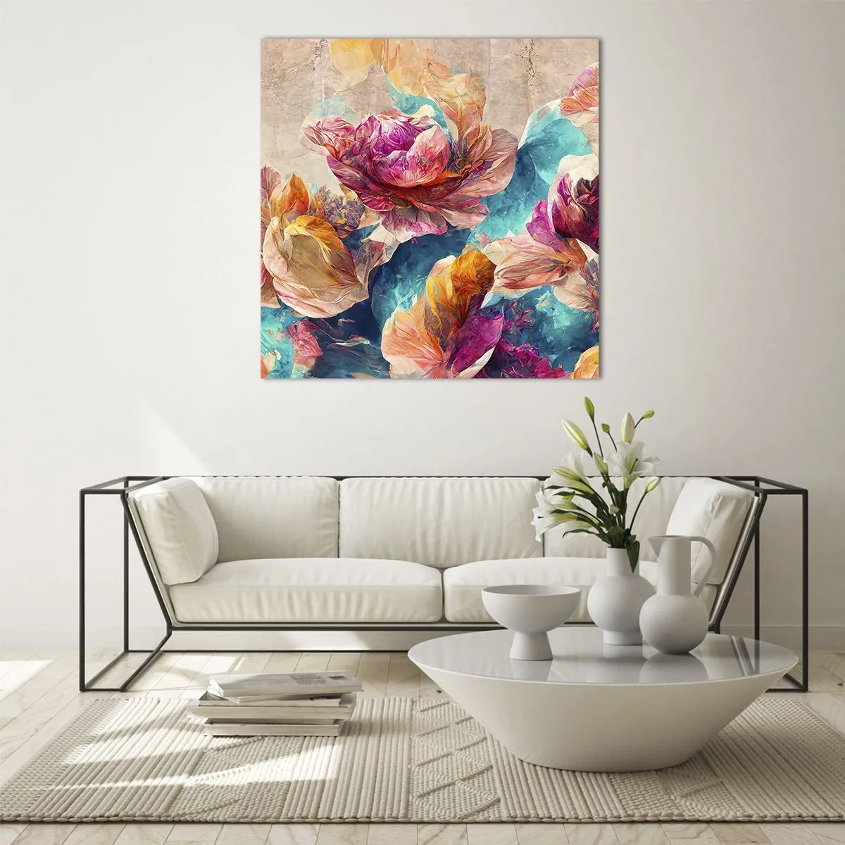 Glastavla - Bild på glas - Den färgsprakande prakten hos en bukett - 50x50 cm