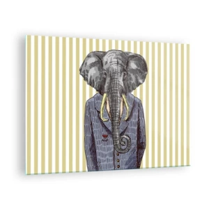 Glastavla - Bild på glas - En elefant i kostym mot en bakgrund av gula ränder - 70x50cm - Elegant ur naturen - Modern väggdekoration för vardagsrum och sovrum ARTTOR