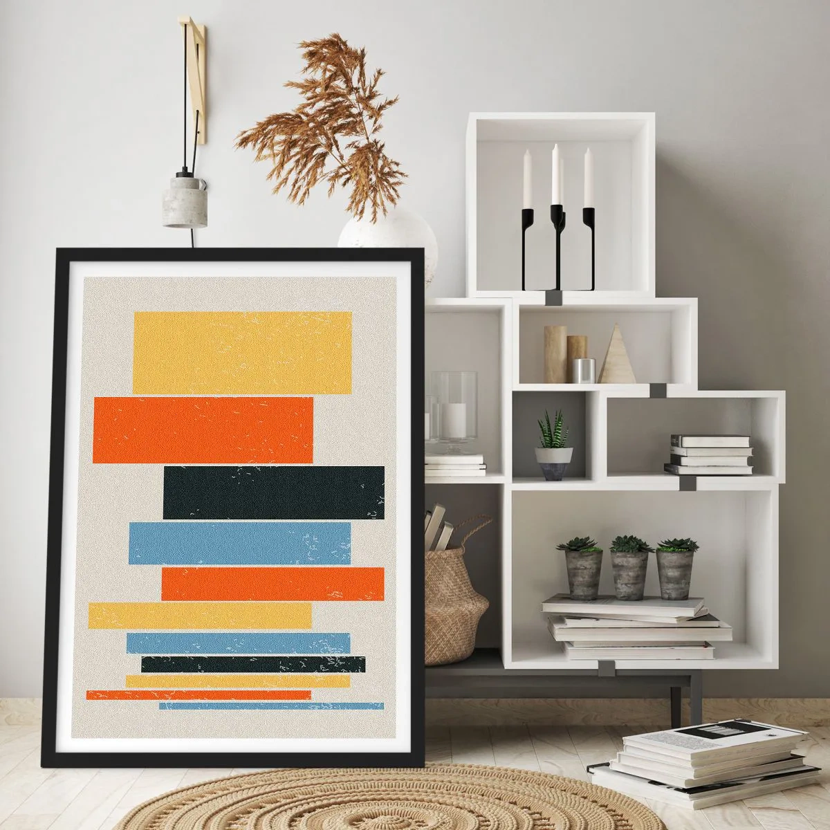 Affisch i svart ram - Färgglada geometriska rektanglar på en ljus bakgrund - 50x70cm - Inspelning av musik - Modern väggdekoration för vardagsrum och sovrum ARTTOR