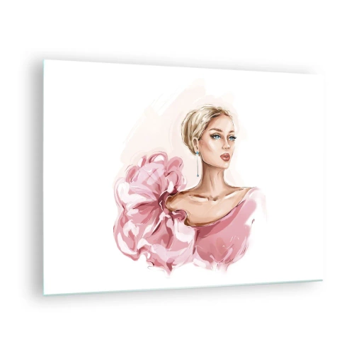 Glastavla - Bild på glas - Stiliserat porträtt av en kvinna i en rosa klänning - 70x50cm - Som målad... - Modern väggdekoration för vardagsrum och sovrum ARTTOR