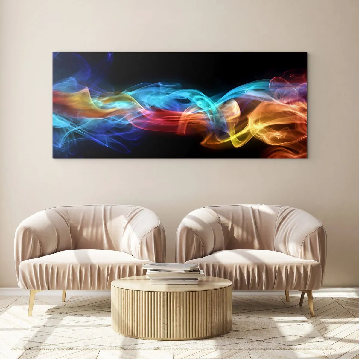 Glastavla - Bild på glas - Dimmas regnbågsdans - 120x50 cm