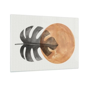 Glastavla - Bild på glas - Monsterablad och orange cirkel i grafisk stil på vit bakgrund. - 70x50cm - Alltid solen - Modern väggdekoration för vardagsrum och sovrum ARTTOR