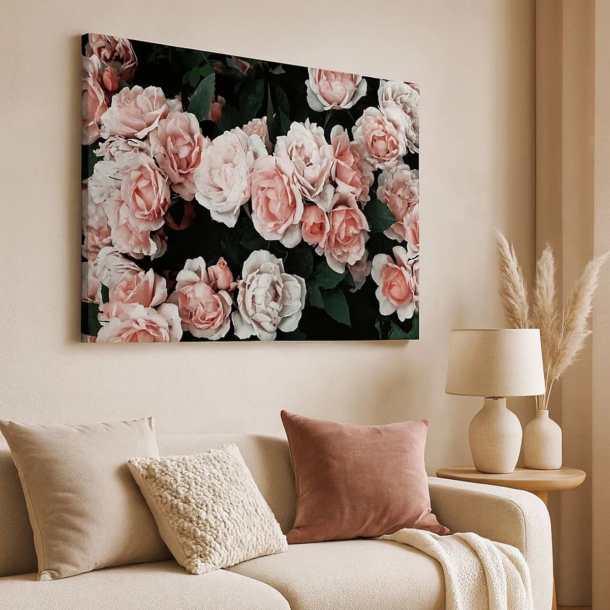 Canvastavla - Bild på duk - Rosa rosor på en mörk bakgrund i en subtil komposition - 70x50cm - Rosansamble - Modern väggdekoration för vardagsrum och sovrum ARTTOR
