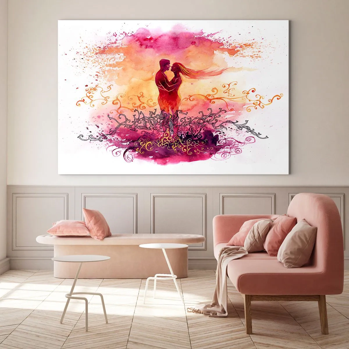 Glastavla - Bild på glas - Ett romantiskt par i abstrakta, varma färger - 70x50cm - Ett hjärta! Så lite behöver jag... - Modern väggdekoration för vardagsrum och sovrum ARTTOR
